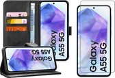 Hoesje geschikt voor Samsung Galaxy A55 - Screenprotector Glas - Portemonnee Book Case Zwart