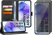 Hoesje geschikt voor Samsung Galaxy A55 - Privacy Screenprotector Volledig Dekkend Glas - Portemonnee Book Case Zwart