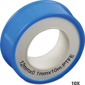 Afdichtingtape - Teflon 12 mm wit – 10 meter - verpakt per 10 rol - teflontape - schroefdraadtape - gastape - PTFE