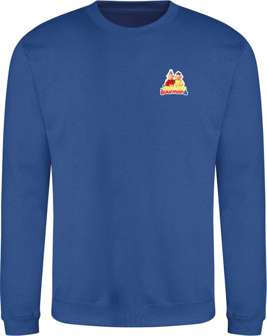 Korenbloesem blauwe trui met ronde hals en een klein logo van 'Buurman & Buurman' op de linkerborst.