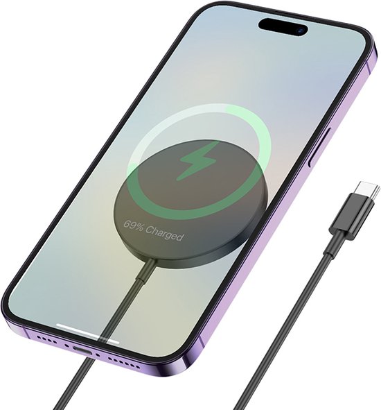 Hoco Draadloze Lader Geschikt voor Apple iPhone - Geschikt voor MagSafe - Snel Lader (Type C) - USB C Fast Charge Oplaadkabel (1 meter) - Zwart