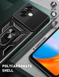 Zwarte pantser telefoonhoes met gouden accenten, ringhouder en lens schuifdeksel. Polycarbonaat schaal.