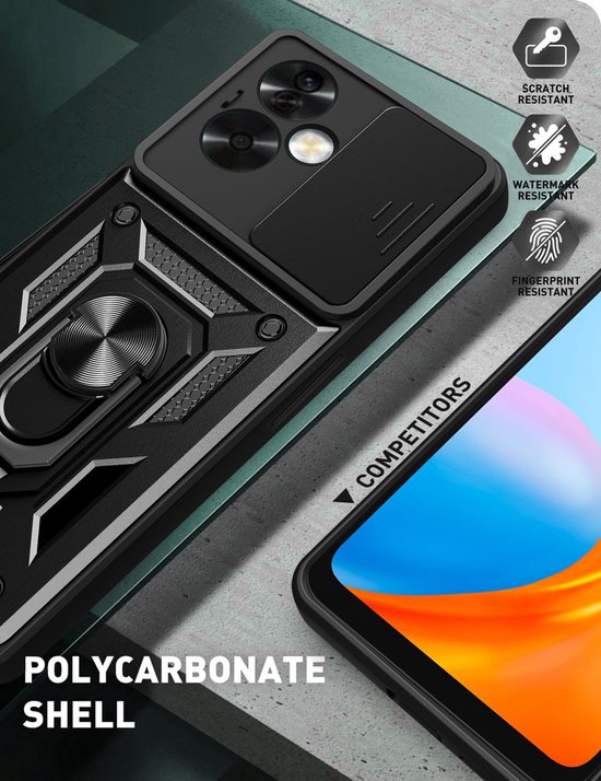Zwarte pantser telefoonhoes met gouden accenten, ringhouder en lens schuifdeksel. Polycarbonaat schaal.