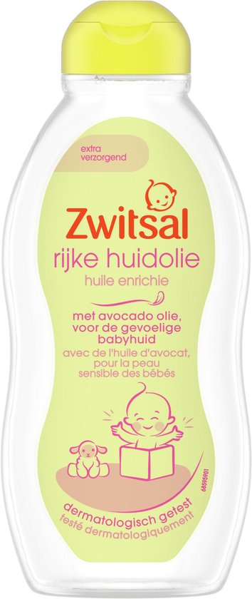 Zwitsal Rijke huidolie, met avocado olie, voor de gevoelige babyhuid. Dermatologisch getest.