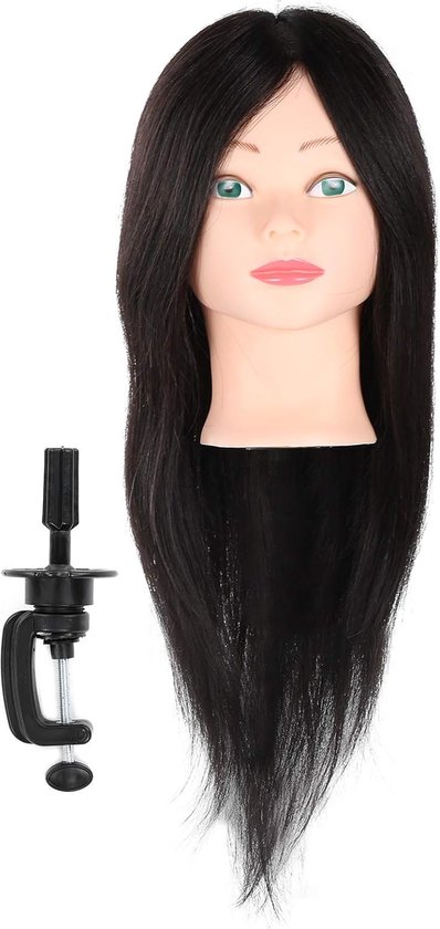 Foto: Mannequin hoofd met echt menselijk haar en gratis klemhouder voor vlechten haar kapper cosmetologie oefenpop training haar styling salon display