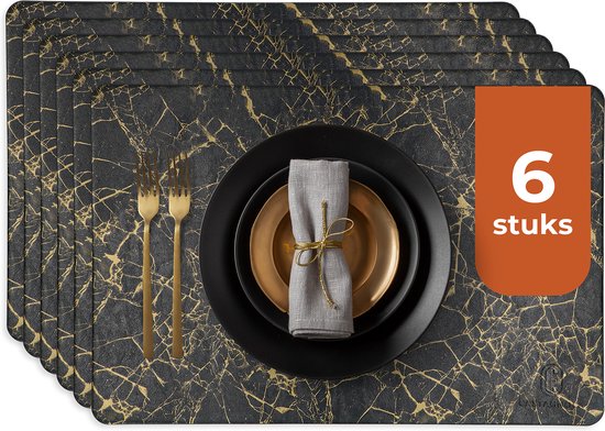 Castagnola Lederlook Placemats - Antislip Placemat van Kunstleer - Waterafstotende Onderlegger - Onderzetter - 6 Stuks - 45 x 30 cm - Zwart/Goud - Marmerpatroon