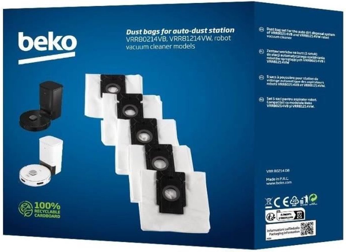 Set van 5 vervangingszakken voor robotstofzuiger - BEKO - VRR80214DB Robosmart - 4 L Vervangingszakken klaar voor gebruik