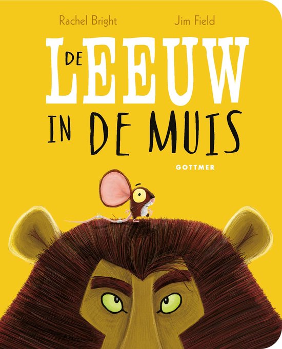 Boek 'De leeuw in de muis' met een muisje bovenop de kop van een leeuw, met een gele achtergrond.
