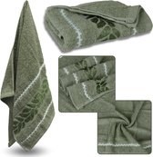 Groene Katoenen Handdoek met Decoratief Borduursel, Badhanddoek Bladeren 70x135 cm