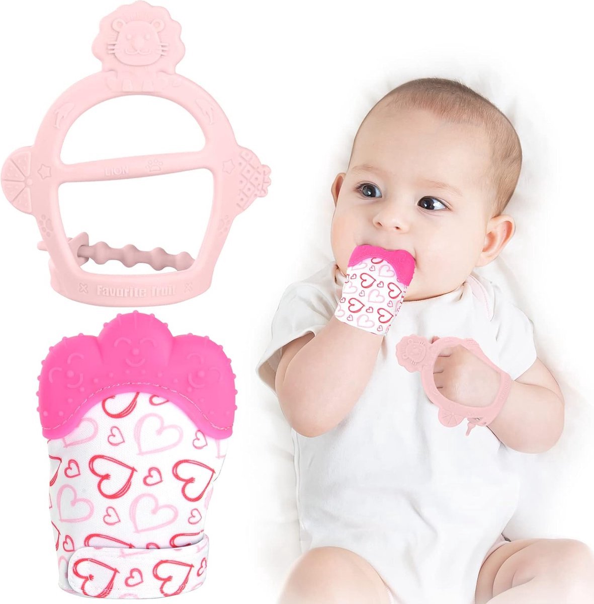 2X Baby Tandjes Set, 2 pak Tandjes wanten voor Baby, Siliconen want Bijtring Handschoen, Baby Rustgevende Pijnbestrijding want Baby Bijtring Wanten voor Baby