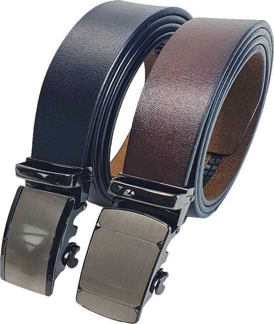 Clickriem Mannen Pakket Van 2,KEMISANT Schuifleren Riem Met Aanpasbaarheid Als Cadeau,Past Bij Pakbroeken,Casual Broeken en Spijkerbroeken(Zwart/Oranjebruin,140cm/42-48taille aanpassing