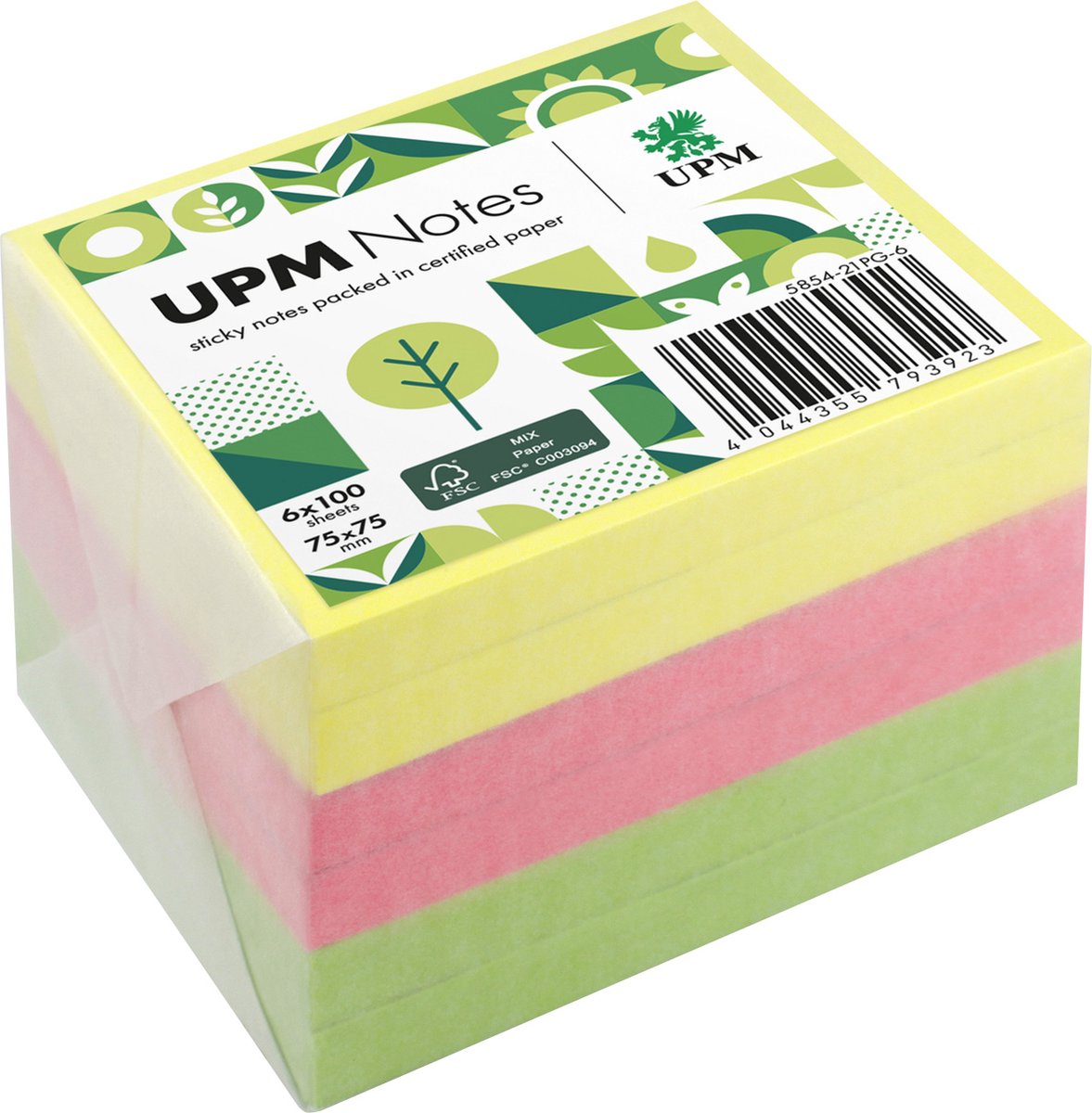 UPM sticky notes - 6 x 100 vel - 75x75mm - geel, roze, groen - IN-5854-21PG-6