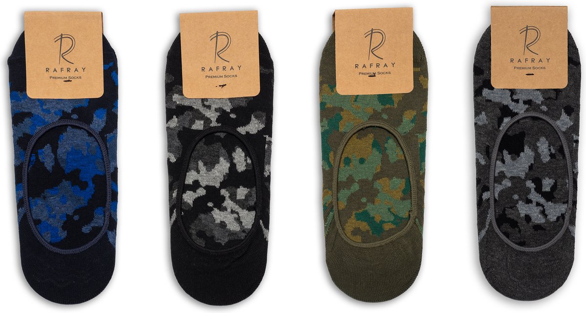 RAFRAY Socks Camouflage - Onzichtbare Sneaker Sokken - Liner Invisible Sokken - No Show Socks Premium Katoen - 4 paar - Maat 40-44