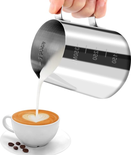 Melkkannetje, 350 ml, handheld roestvrij staal, opschuimkannetje, koffiecrème, melk, opschuimer kannetje, beker met meetmerk, melkkannetje, perfect voor Barista cappuccino espresso latte