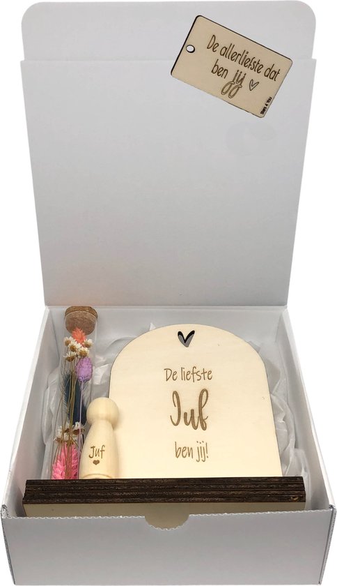 Geschenkbox JUF | blauw | multicolor | peg doll | houten poppetje | droogbloemen | jij bent de liefste | liefste juf | topjuf | einde schooljaar | cadeau | cadeautje juf