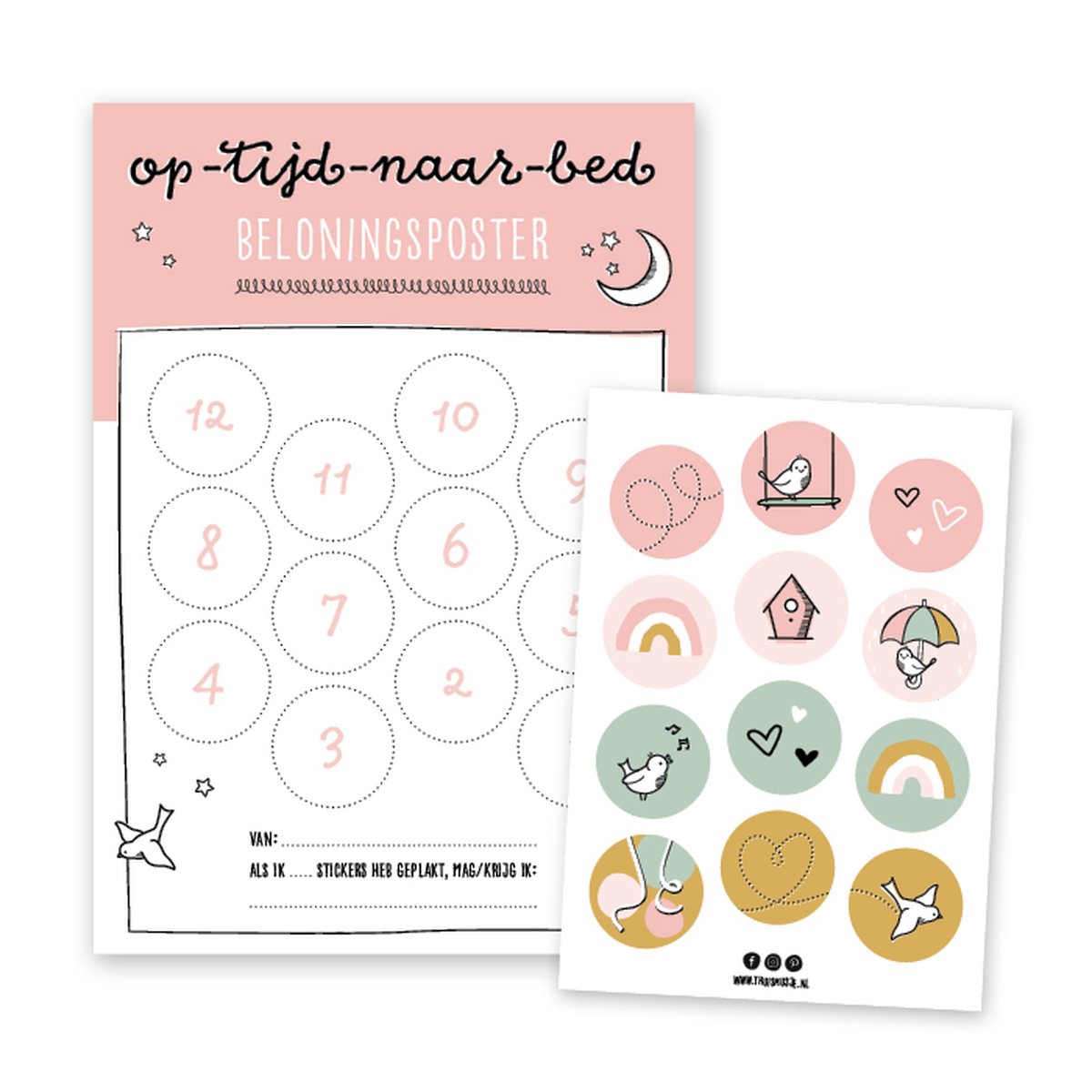Op tijd naar bed beloningsposter A4 - roze - incl. 12 stickers - Thuismusje
