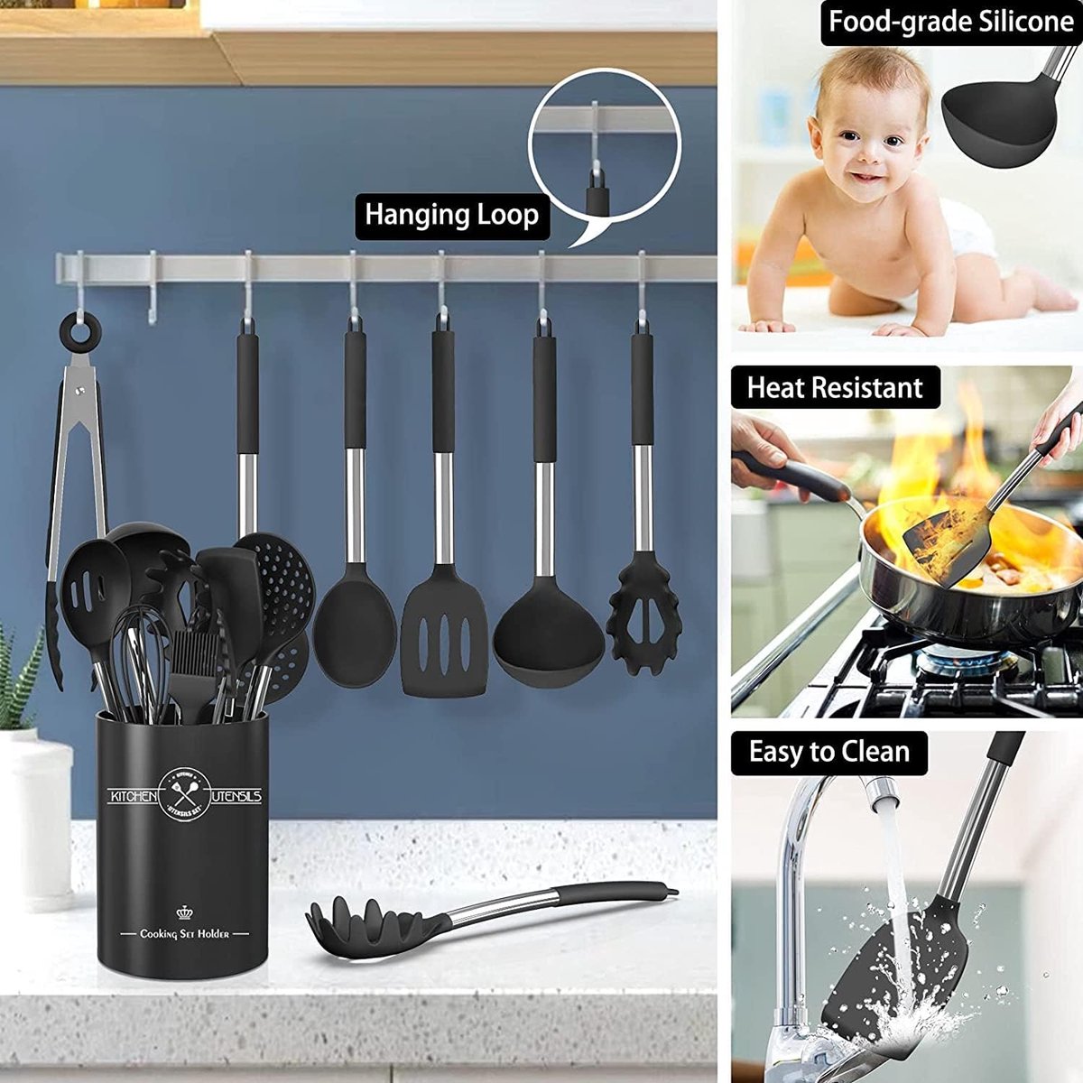 16 STKS Siliconen Keukengerei Hittebestendige gebruiksvoorwerpen Set met premium roestvrijstalen handgrepen voor koken en bakken niet-stick spatel keuken gadgets kookgerei set