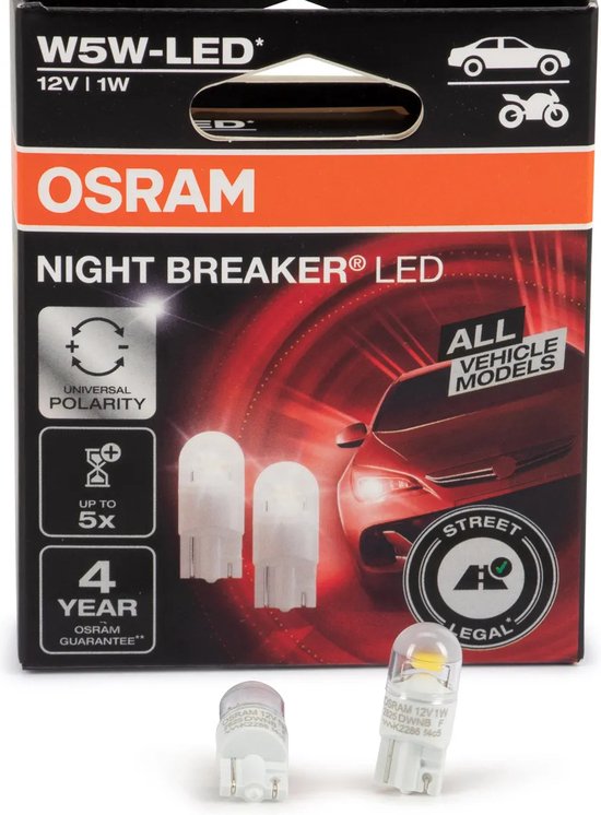 OSRAM Night Breaker LED verpakking met twee W5W LED-lampen en twee losse lampjes.