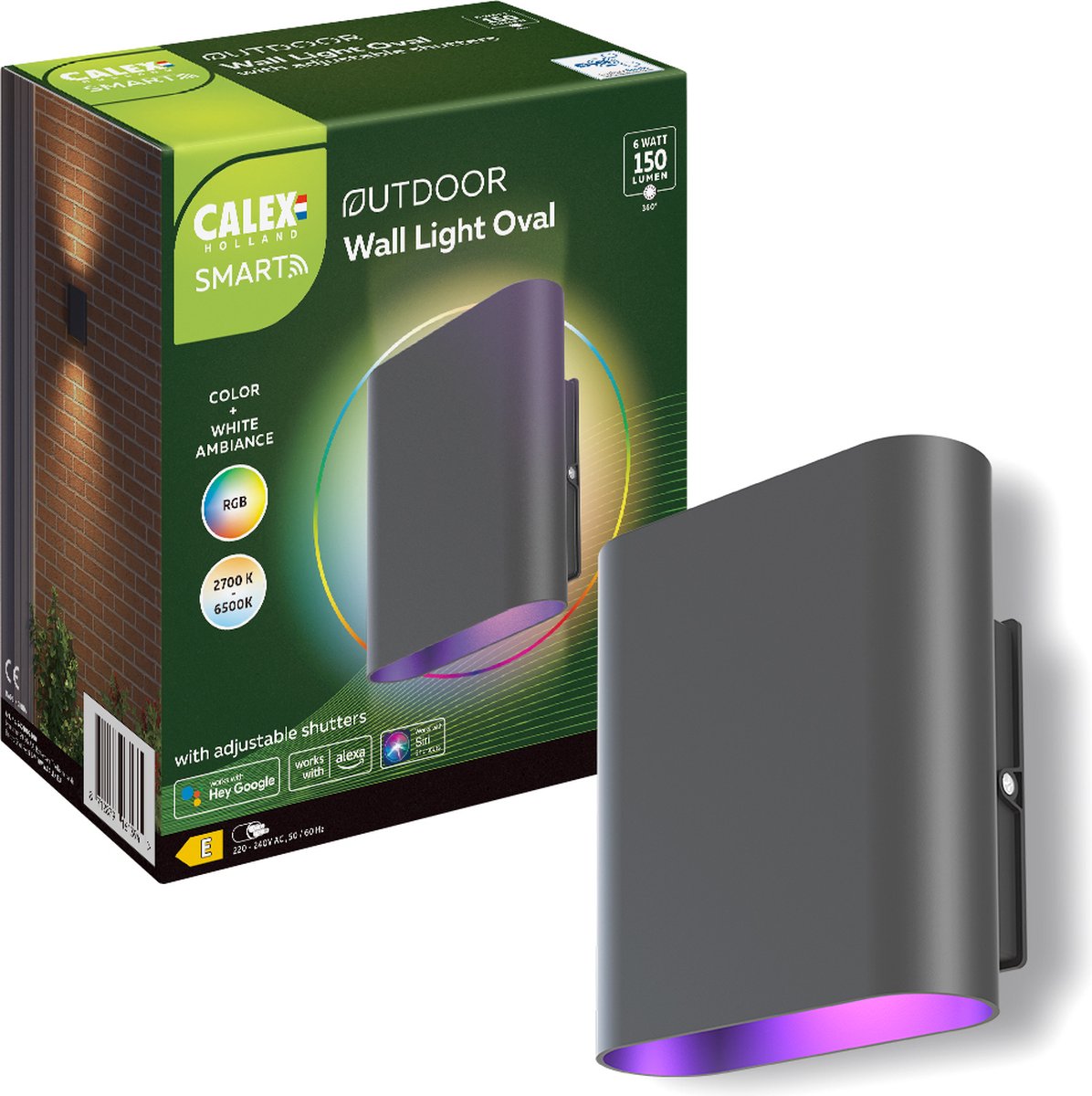 Calex Smart Outdoor LED Up & Down Wandlamp - Slimme Buitenlamp - Ovaal - RGB en Warm Wit Licht - 6W - Zwart - Calex
