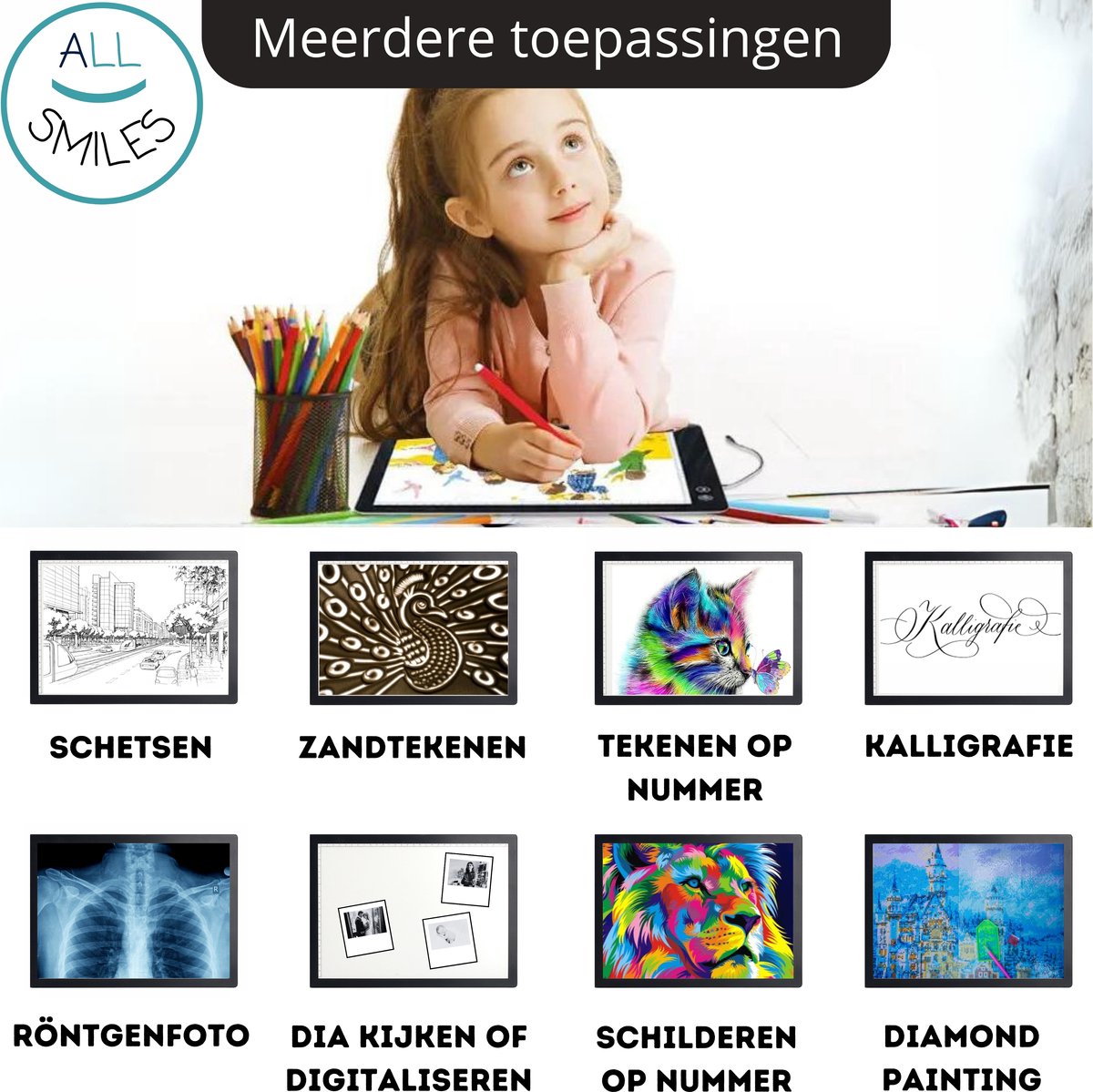 A4 Lightpad Lichtbak Diamond Painting Volwassenen | USB Dimbaar | All Smiles Premium XL Tekenbord | Tekenen Schetsen Hobby — afbeelding 4