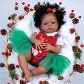 Reborn baby pop 'Lea' - 47 cm - Meisje met zwart, krullend haar - Soft Vinyl - Kerstoutfit- Met fles en speen - In geschenkdoos
