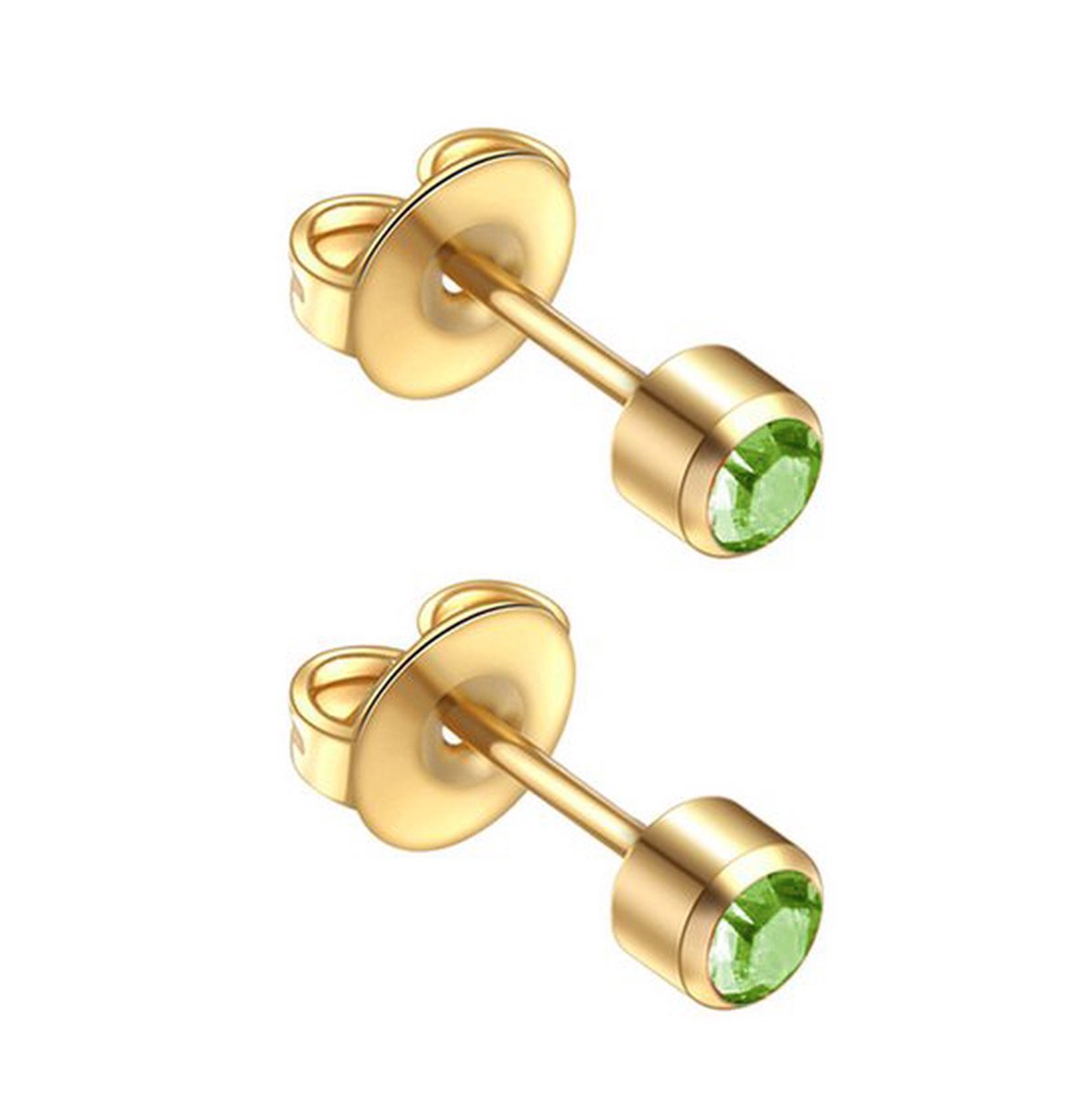 Caflon 4mm 24K gold plated oorknopjes voor oorschieter hypoallergeen steriel verpakt goudkleurig met groene steen geboortesteen augustus