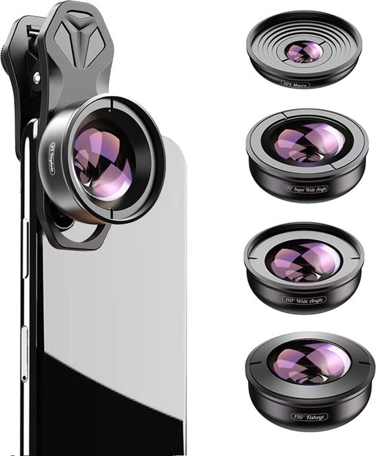 Foto: Supergroothoeklens en groothoeklens set voor telefooncamera 5 in 1 cameralensset professionele fotografie accessoire clip on bevestiging compatibel met smartphones