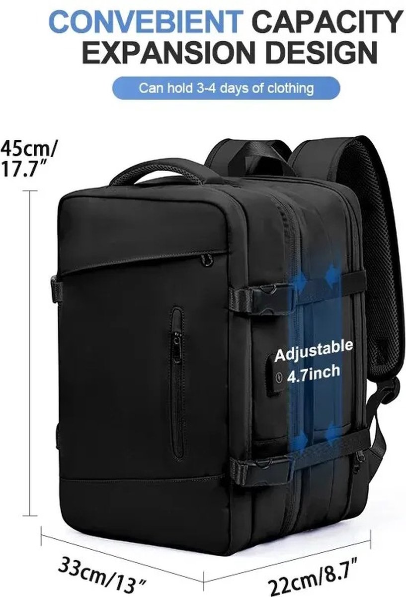 KOSMOS - Reistas - Rugzak - Handbagage - USB poort - Backpack - Waterafstotend - 55L - Zwart
