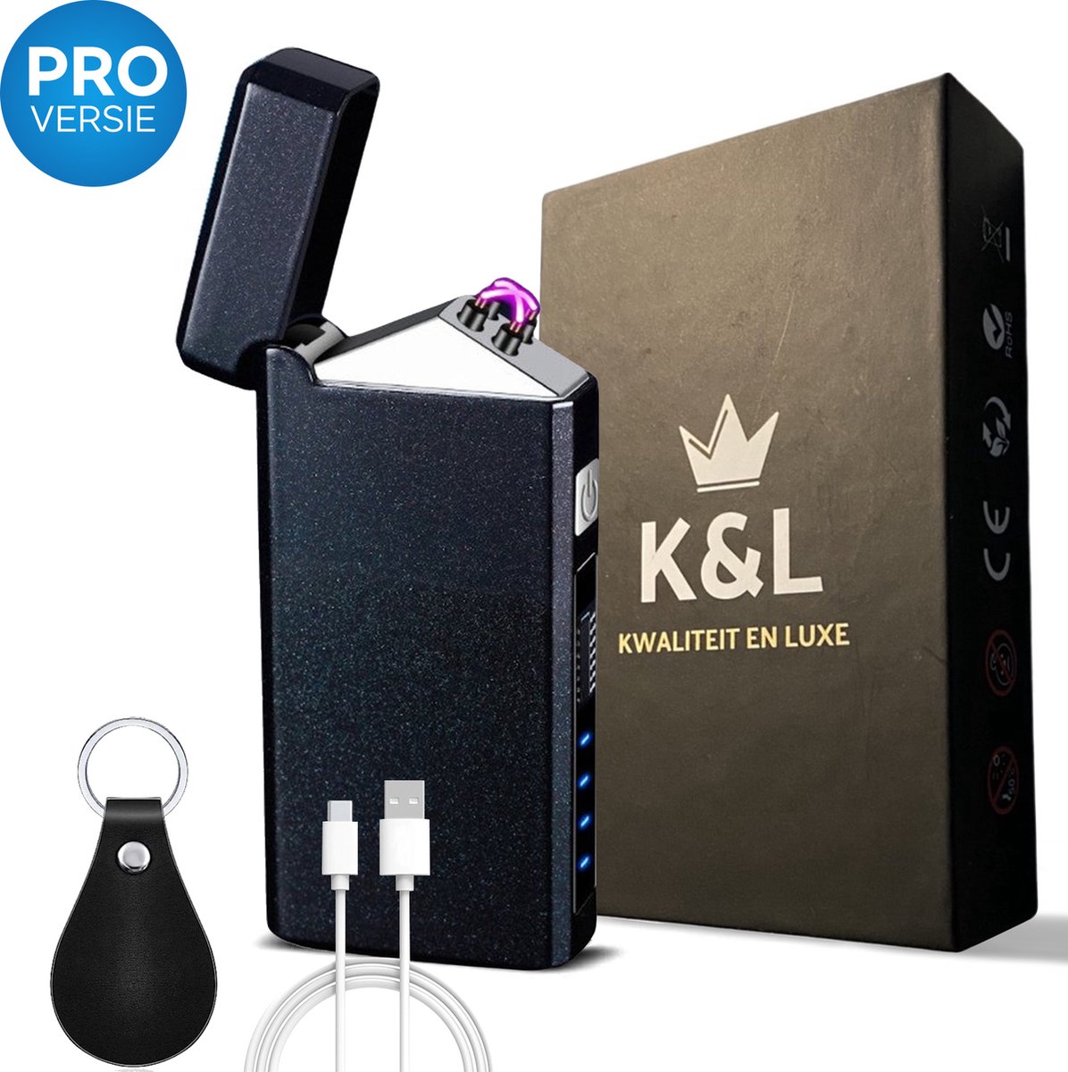 K&L Elektrische Aansteker PRO - USB C oplaadbare Plasma Aansteker - Wind en Storm Bestendig - Metallic Black - Sleutelhanger