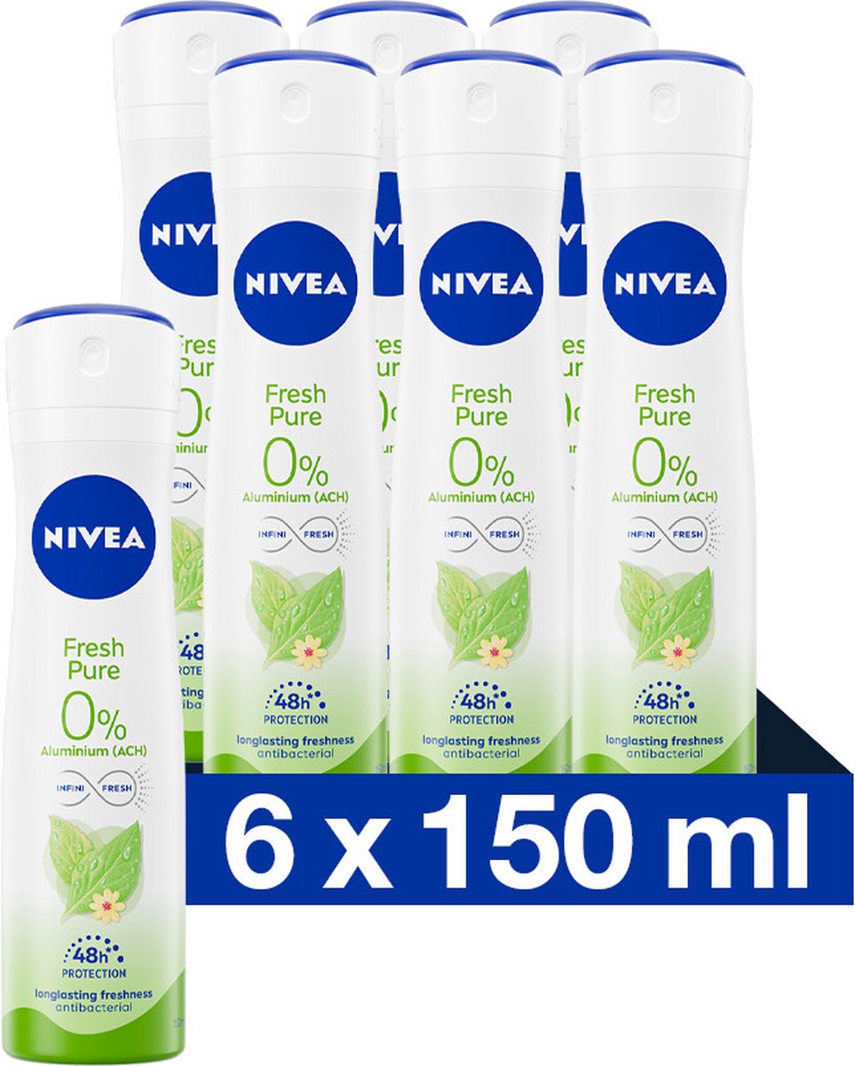 Goedkoopste NIVEA Fresh Pure Deodorant Spray - Met Jasmijngeur - Aluminiumvrij - Alcoholvrij - Met Buiflorine - Beschermt 48 uur - 6 x 150 ml - Voordeelverpakking
