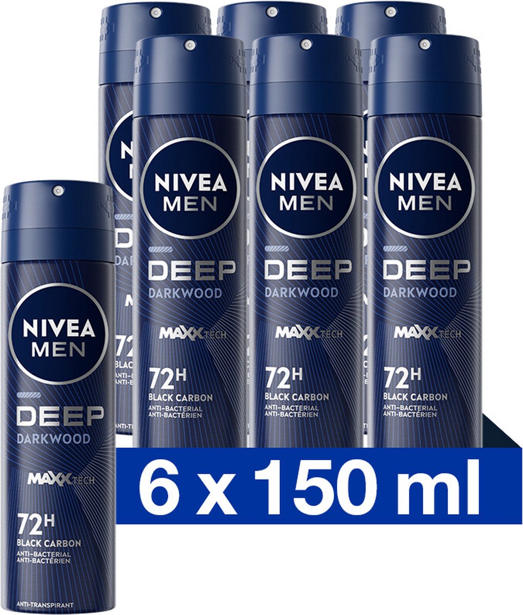 Goedkoopste NIVEA MEN Deep Deodorant Spray - Dark Wood geur - Met black carbon - Beschermt 72 uur - Antibacterieel en alcoholvrij - 6 x 150ml - Voordeelverpakking