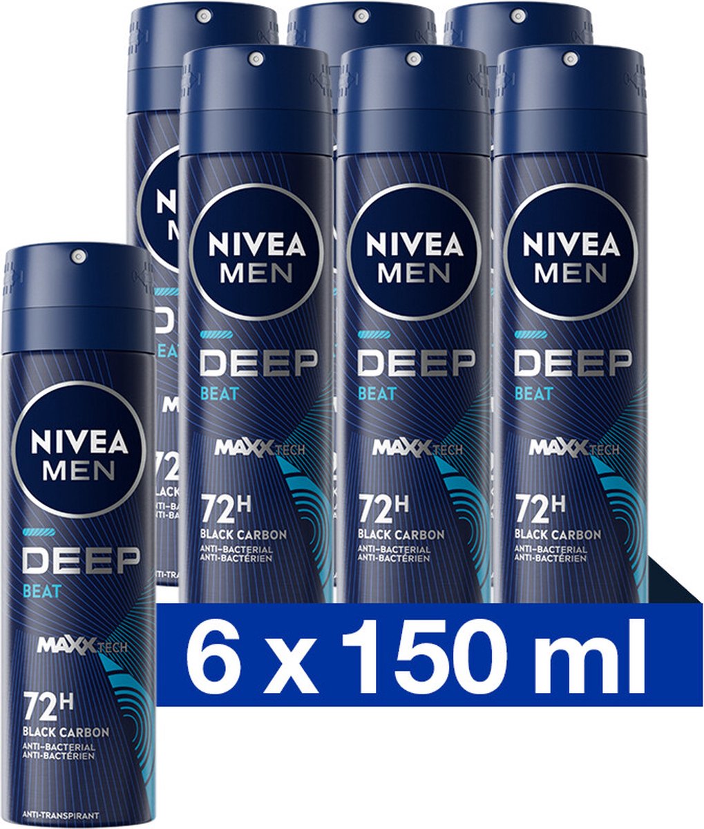 Goedkoopste NIVEA MEN Deep Black Carbon Beat Deodorant Spray - 72 uur bescherming – Geur met houttonen - Met zwarte koolstof - Antibacterieel - 6 x 150ml - Voordeelverpakking