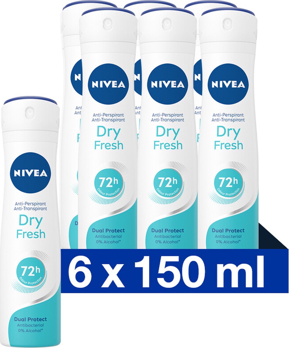 Goedkoopste NIVEA Dry Fresh Deodorant Spray - Anti-Transpirant - 72 uur bescherming - Antibacterieel - Alcoholvrij - Frisse geur - 6 x 150 ml - Voordeelverpakking