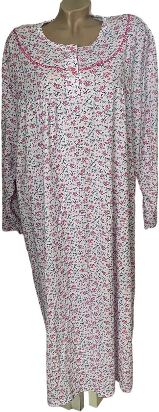 Dames Katoenen Nachthemd 120CM Grote Maten 2704 Bloemenprint 4XL wit/roze