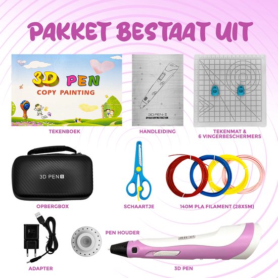 Fits4Kids® 3D Pen Starterspakket XXL - 140m Filament - Incl. E-Book - Opbergcase - Tekenmat - Tekenboek - Knutselen Meisjes & Jongens - Roze