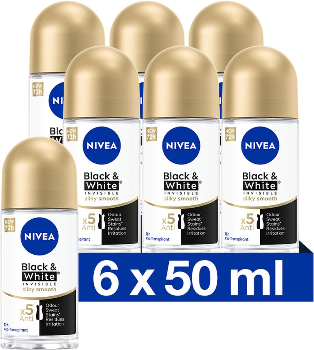 Goedkoopste NIVEA Black & White Silky Smooth Anti-Transpirant Deo Roller - Voor na het scheren - Geen witte of gele strepen - 72 uur bescherming - Deodorant - 6 x 50 ml - Voordeelverpakking