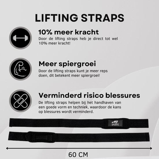 AJ-Sports Lifting straps - Wrist wraps - Straps fitness - Lifting grips - Deadlift straps - 2 stuks - Fitness - Krachttraining - Zwart