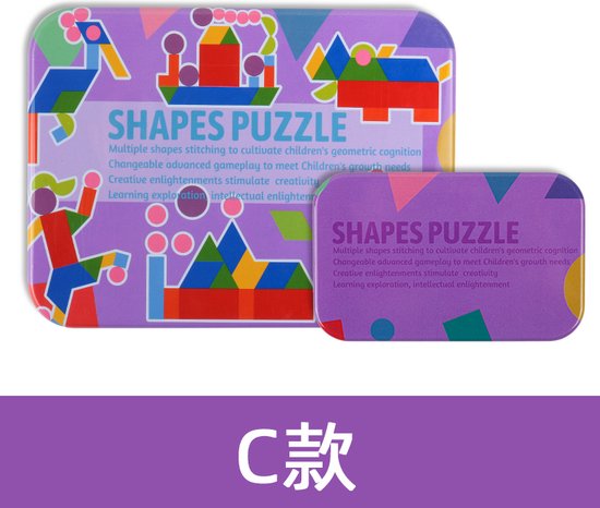 Twee paarse ijzeren dozen met 'Shapes Puzzle' en afbeeldingen van gekleurde geometrische figuren.