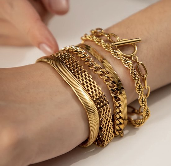 Borasi Platte Schakel Armband | 18k Goldplated | Roestvrij Staal | 17cm tot 22 cm Verstelbaar | Goud | Best Verkochte Sieraden | Vrouwen Cadeau - Borasi