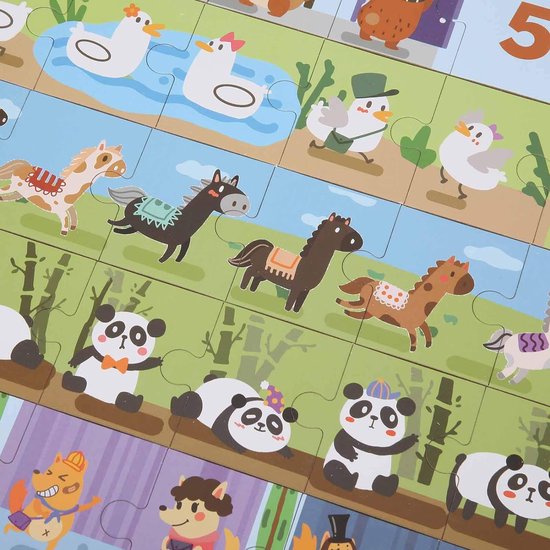 Kinderpuzzel met afbeeldingen van paarden, panda's en eenden in een natuurlijke omgeving.