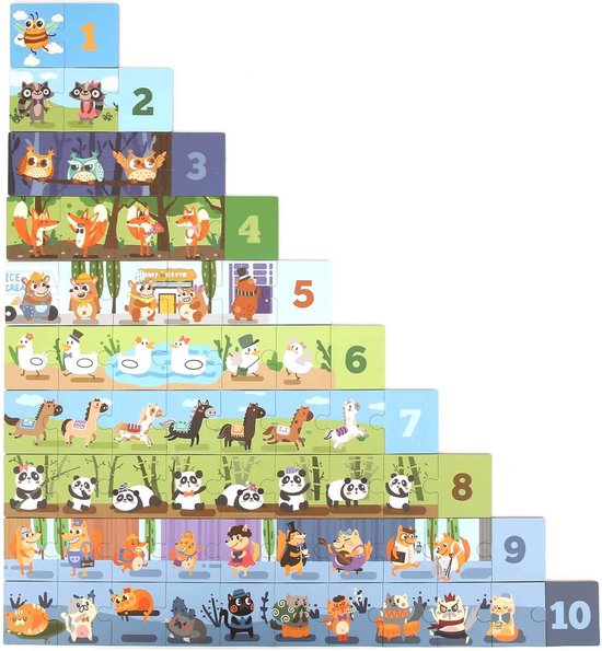 Kinderpuzzel in de vorm van een trap met illustraties van dieren en cijfers 1 tot 10.