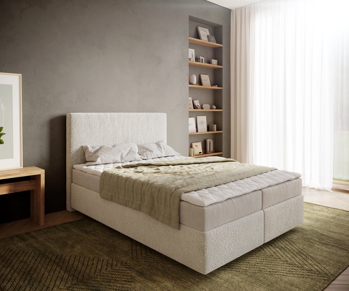 Boxspringbed Dream-Well Bouclé Crème-Wit 140x200 cm met Matras en Topper