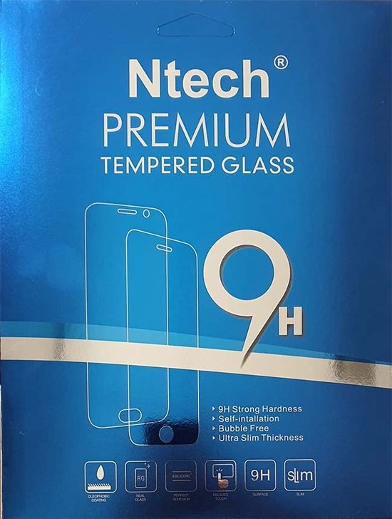 Doosje van Ntech Premium Tempered Glass met tekst en illustraties van telefoons.