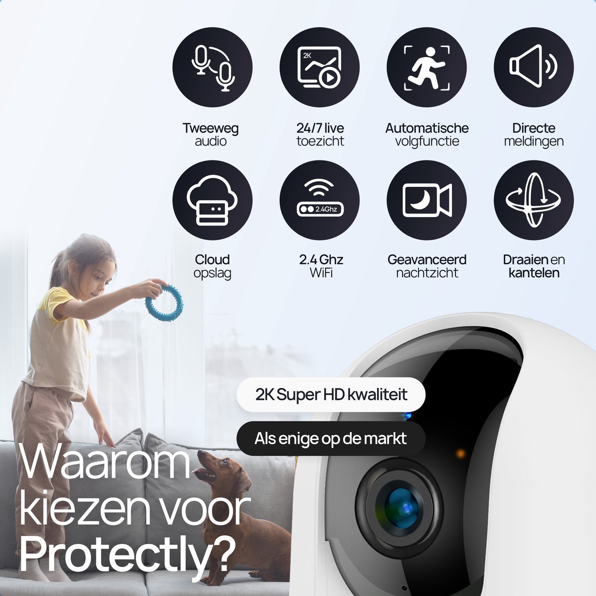 Afbeelding 2 van Protectly® Beveiligingscamera binnen - 2K 3MP Ultra HD - Huisdiercamera met app - Petcam - Hondencamera - Met WiFi APP - Volgt beweging en geluidsdetectie - Indoor Camera - Incl. 64GB SD - 2.4/5 GHz - Wit