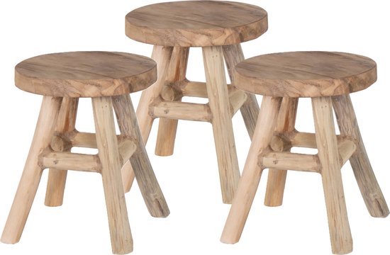 Mega Collections Zit krukje/bijzet stoel - 3x - hout - lichtbruin - D20 x H25 cm - Voor kinderen