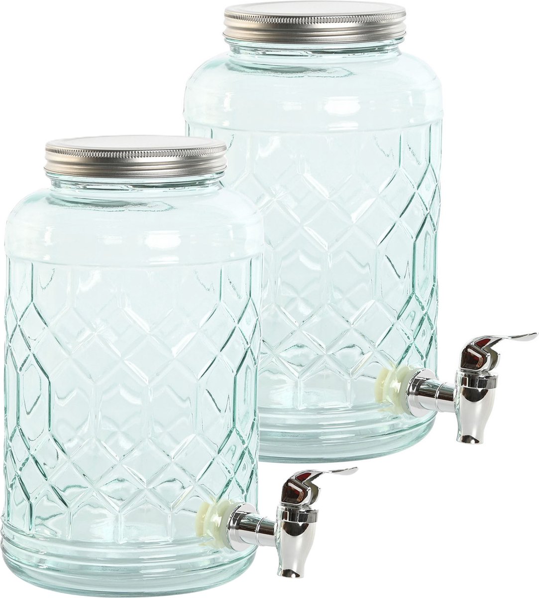 Items Drank dispenser Beverages Tap - 2x - 3.6 Liter - bewerkt glas/metaal - tapkraan/deksel