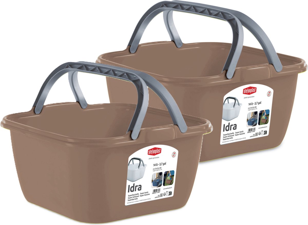 Goedkoopste Stefanplast Wasmand/draagmand/teil met hengsel - 2x - kunststof - 13 Liter - cappuccino - 35 x 35 x 18 cm - Schoonmaak/huishoud teilen