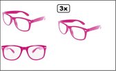 3x Blues brother bril pink/roze met blank glas - Thema party White festival fun verjardag optocht