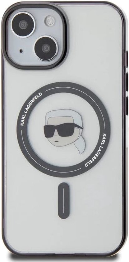 Coque rigide transparente avec logo tête de Karl Lagerfeld, compatible MagSafe.