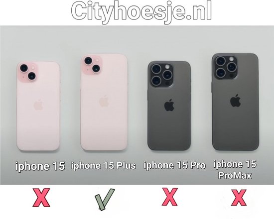 iPhone 15 et 15 Plus rose pâle à côté des iPhone 15 Pro et 15 Pro Max gris foncé. Appuyez sur le 15 Plus.